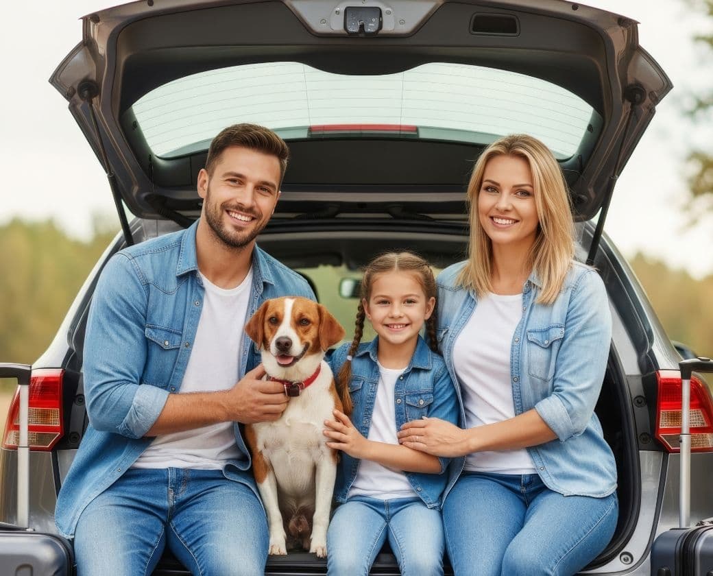 Family sitting at the back of their car with their dog, ready to leave for a holiday in Norway.